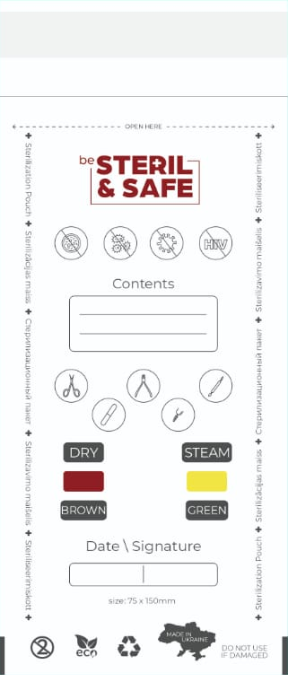 be STERIL&SAFE Dry & Autoclave Combined Sterilization Bags 75x150mm PKW with Indicator White 100pcs.