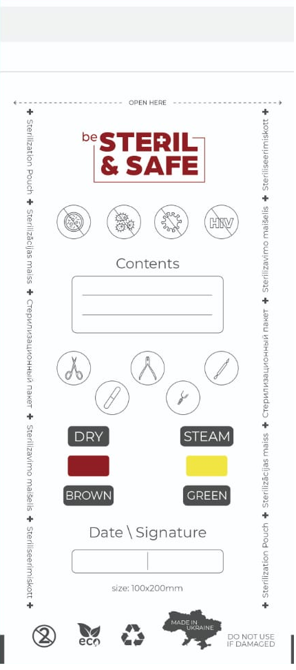 be STERIL&SAFE Dry & Autoclave Combined Sterilization Bags 100x200mm PKW with Indicator White 100pcs.